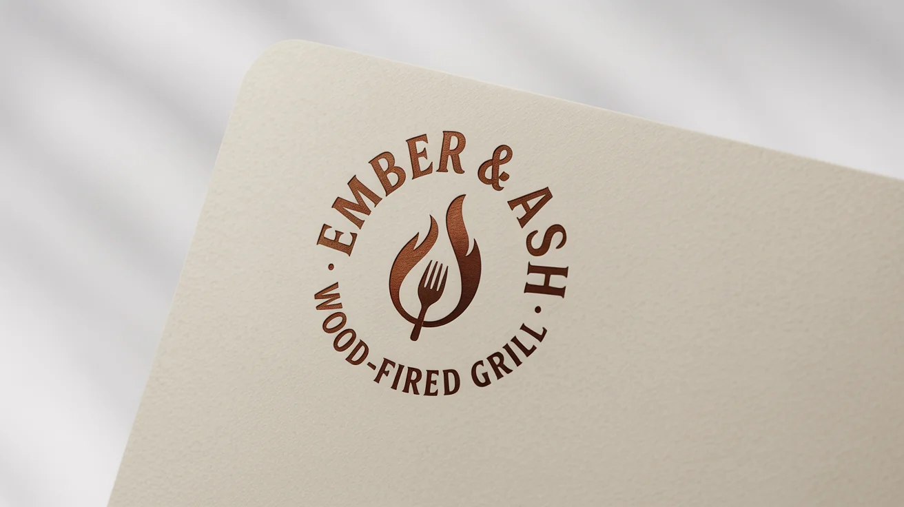 A professional mockup of a modern, circular restaurant logo for 'EMBER & ASH Wood-Fired Grill'. The logo, in charcoal and copper, is shown on a textured paper card against a clean white background.