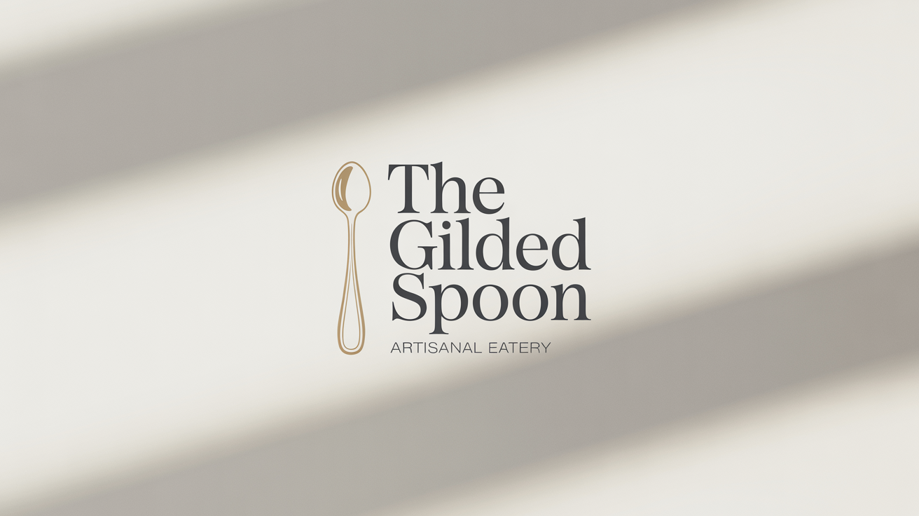 A modern logo mockup for a fictional upscale restaurant called 'The Gilded Spoon'. The logo features a golden spoon icon next to the restaurant's name in a charcoal serif font, all on a clean white background.