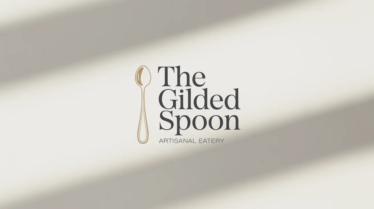 A modern logo mockup for a fictional upscale restaurant called 'The Gilded Spoon'. The logo features a golden spoon icon next to the restaurant's name in a charcoal serif font, all on a clean white background.