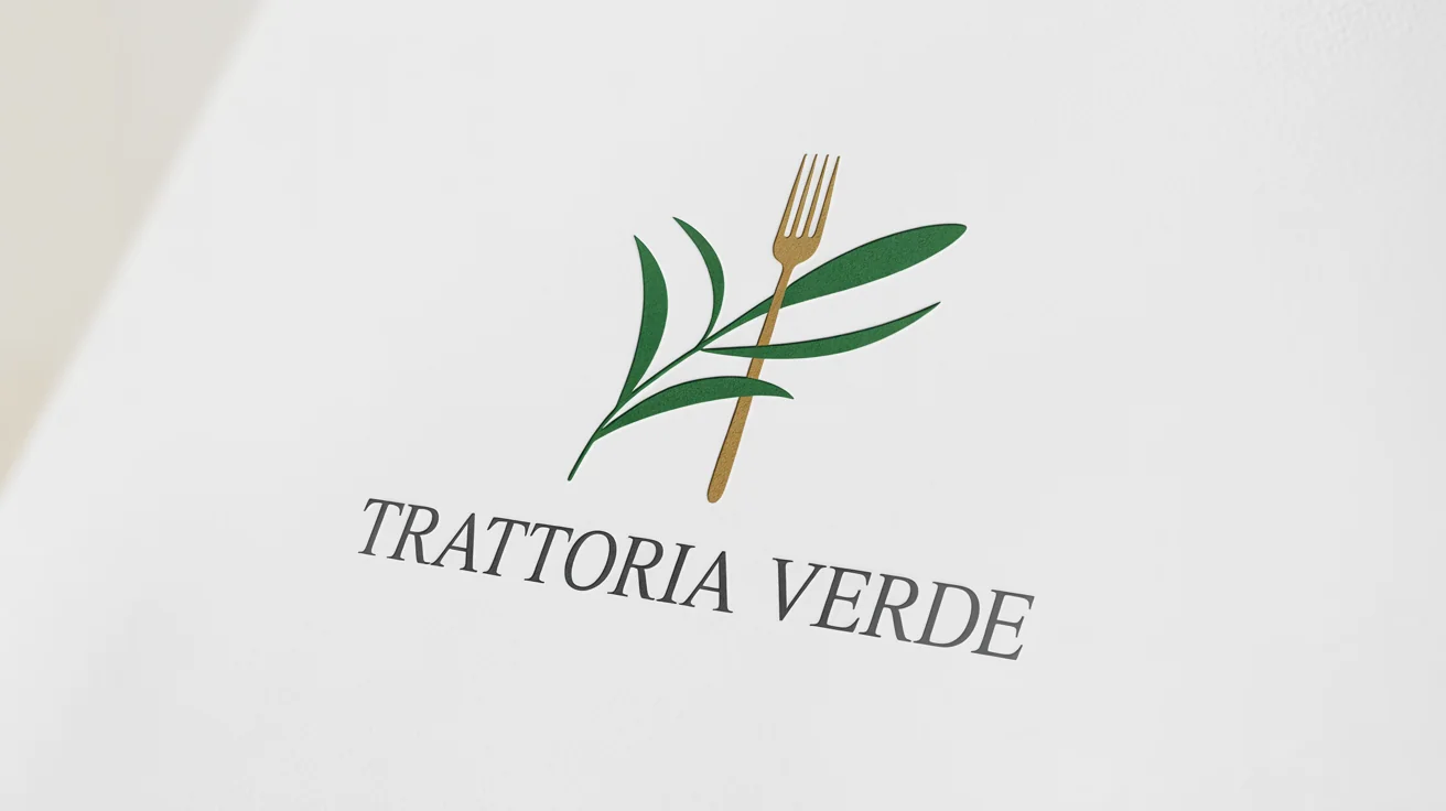 A professional mockup of a minimalist logo for a fictional Italian restaurant named 'Trattoria Verde', featuring a green olive branch and a golden fork on a white background.