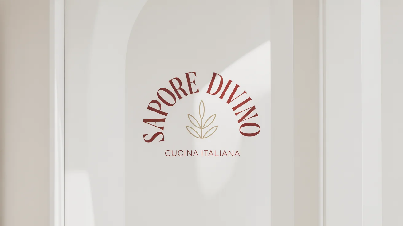 A modern and elegant logo for an Italian restaurant named Sapore Divino, featuring a golden olive branch and deep red text on a white background.