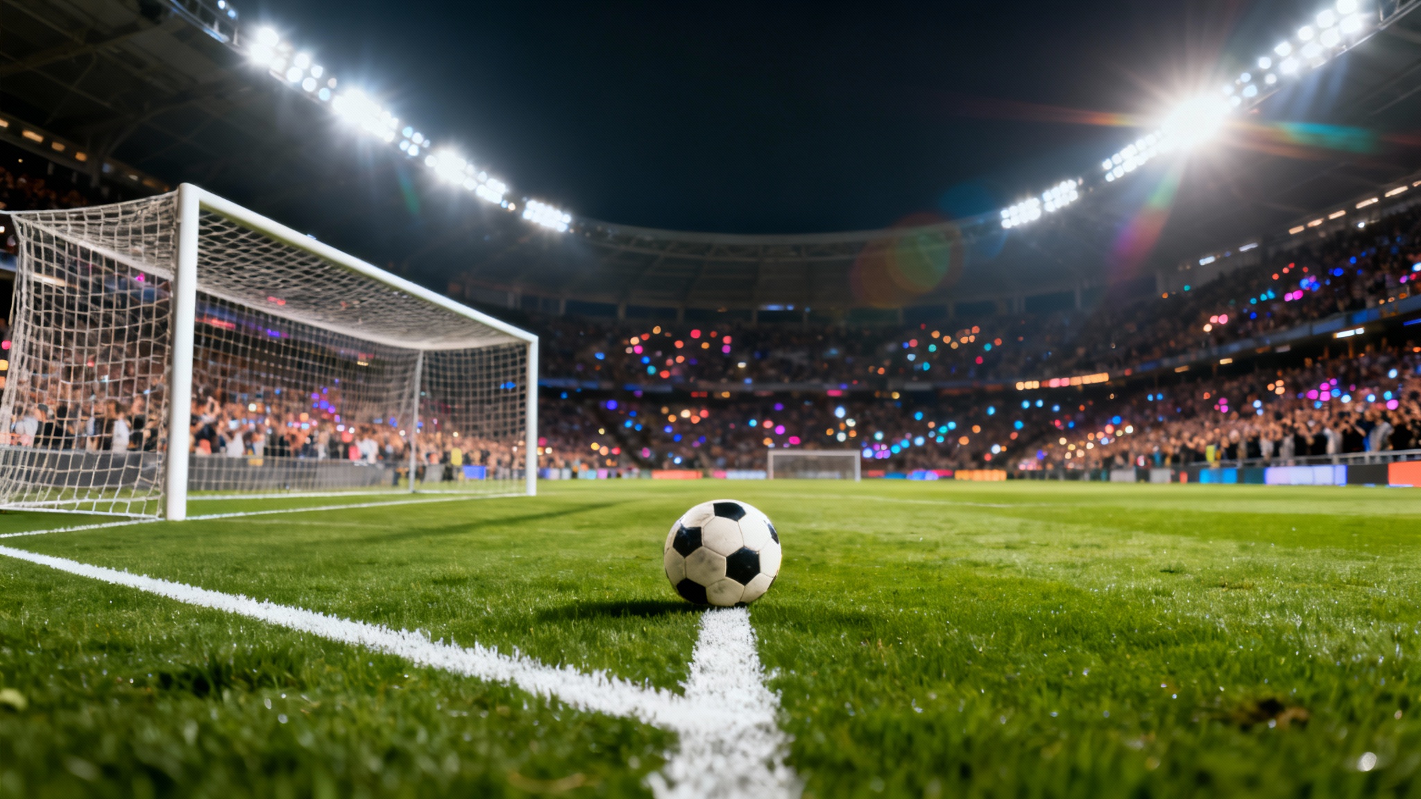 A dramatic low-angle photo of a professional soccer field at night, illuminated by bright stadium lights, with a cheering crowd blurred in the background.