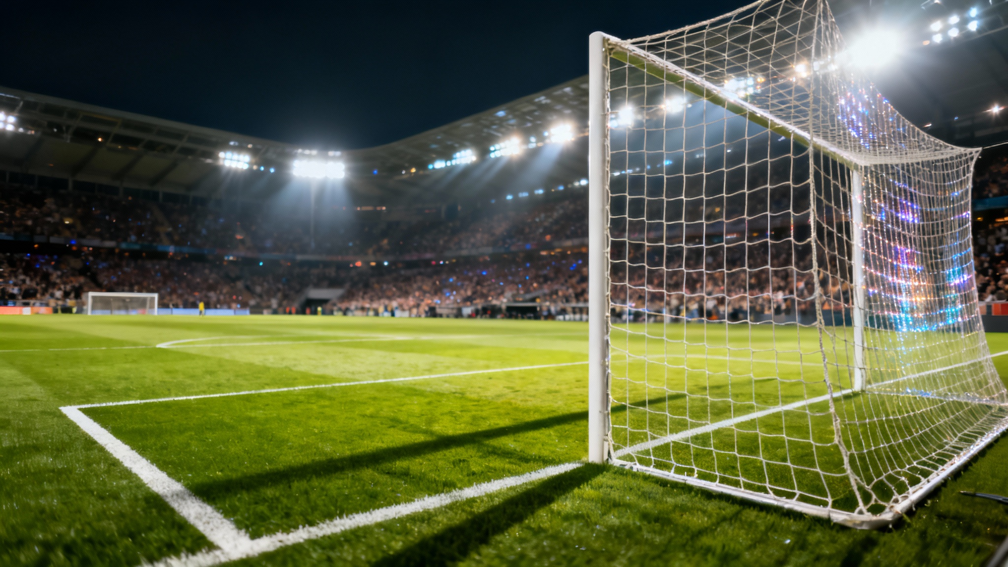 A wide view of a professional soccer field at night, illuminated by bright stadium lights, with an empty goal in the foreground and blurred spectators in the stands.