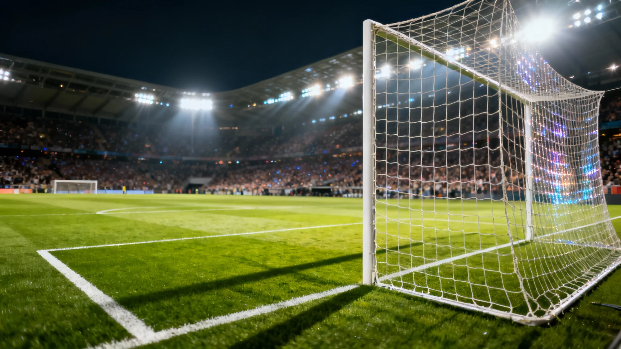 A wide view of a professional soccer field at night, illuminated by bright stadium lights, with an empty goal in the foreground and blurred spectators in the stands.