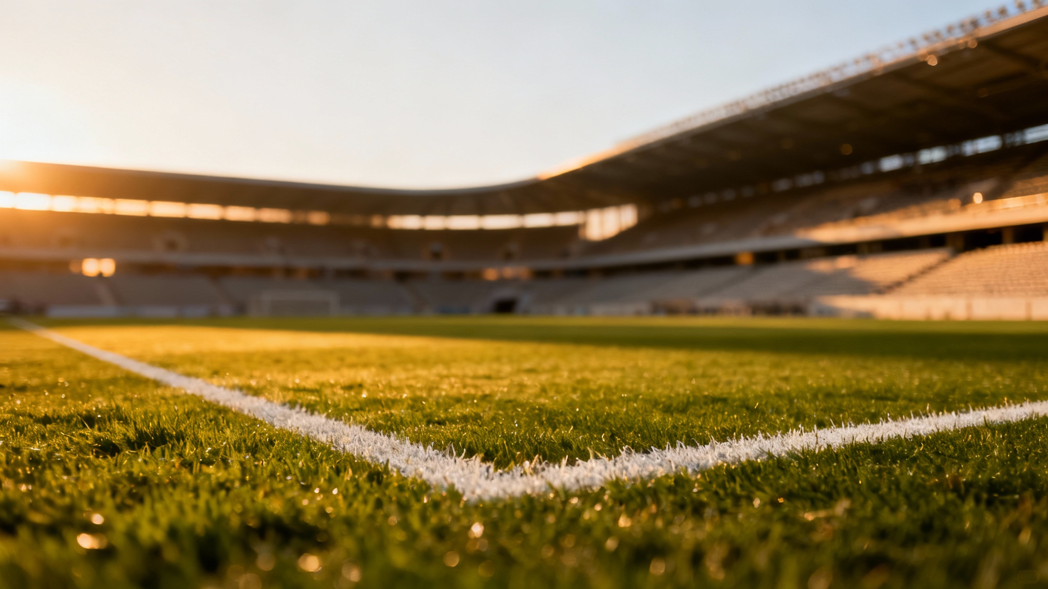 A photorealistic image of a professional soccer field at sunset, viewed from a low angle at the corner, showing the pristine green grass and empty stadium stands.