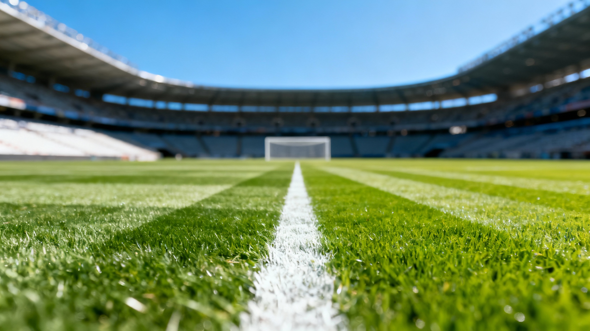 A wide-angle, low-angle shot of an empty, pristine professional soccer field on a sunny day, with the stadium stands blurred in the background.