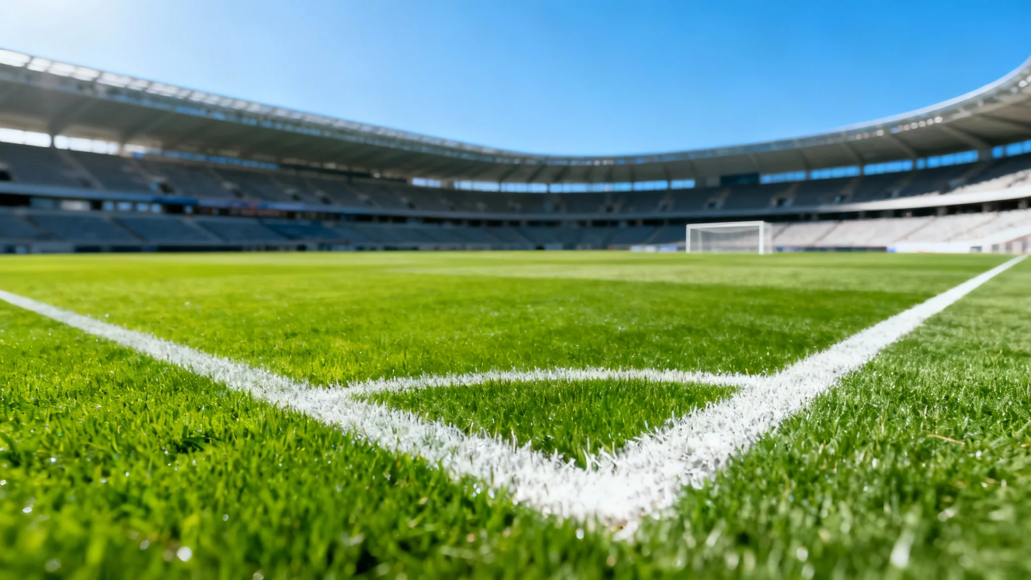 A low-angle photograph of an empty professional soccer field, showing the perfectly manicured green grass and white lines leading towards the large, empty stadium in the background.