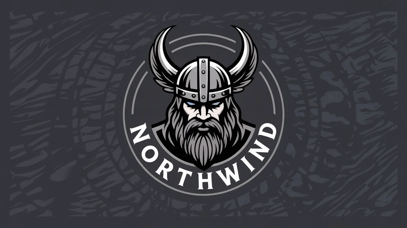 A modern, professionally designed emblem logo featuring a stylized viking warrior head, set against a dark textured background. The fictional brand name 'NORTHWIND' is integrated into the logo.