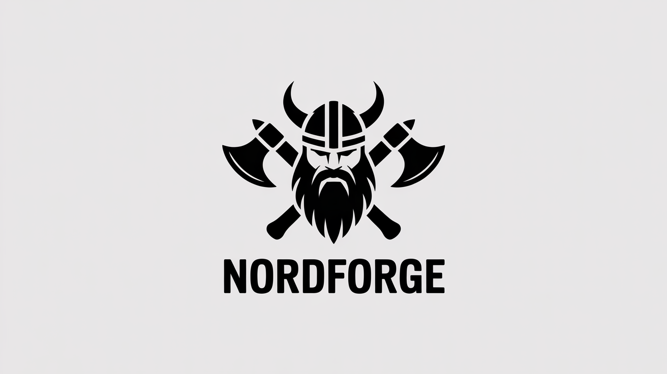 A modern, black vector logo of a fierce Viking head with crossed axes behind it. The fictional brand name 'NORDFORGE' is displayed below the emblem, all on a clean white background.