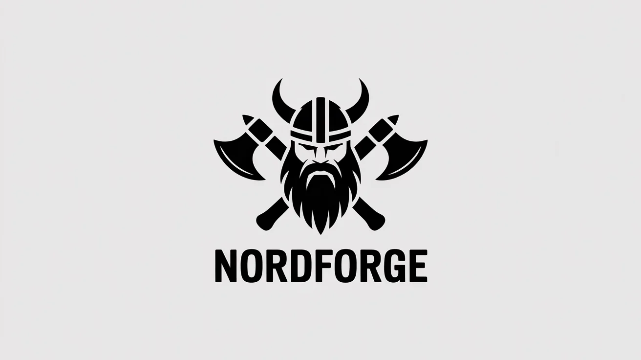 A modern, black vector logo of a fierce Viking head with crossed axes behind it. The fictional brand name 'NORDFORGE' is displayed below the emblem, all on a clean white background.