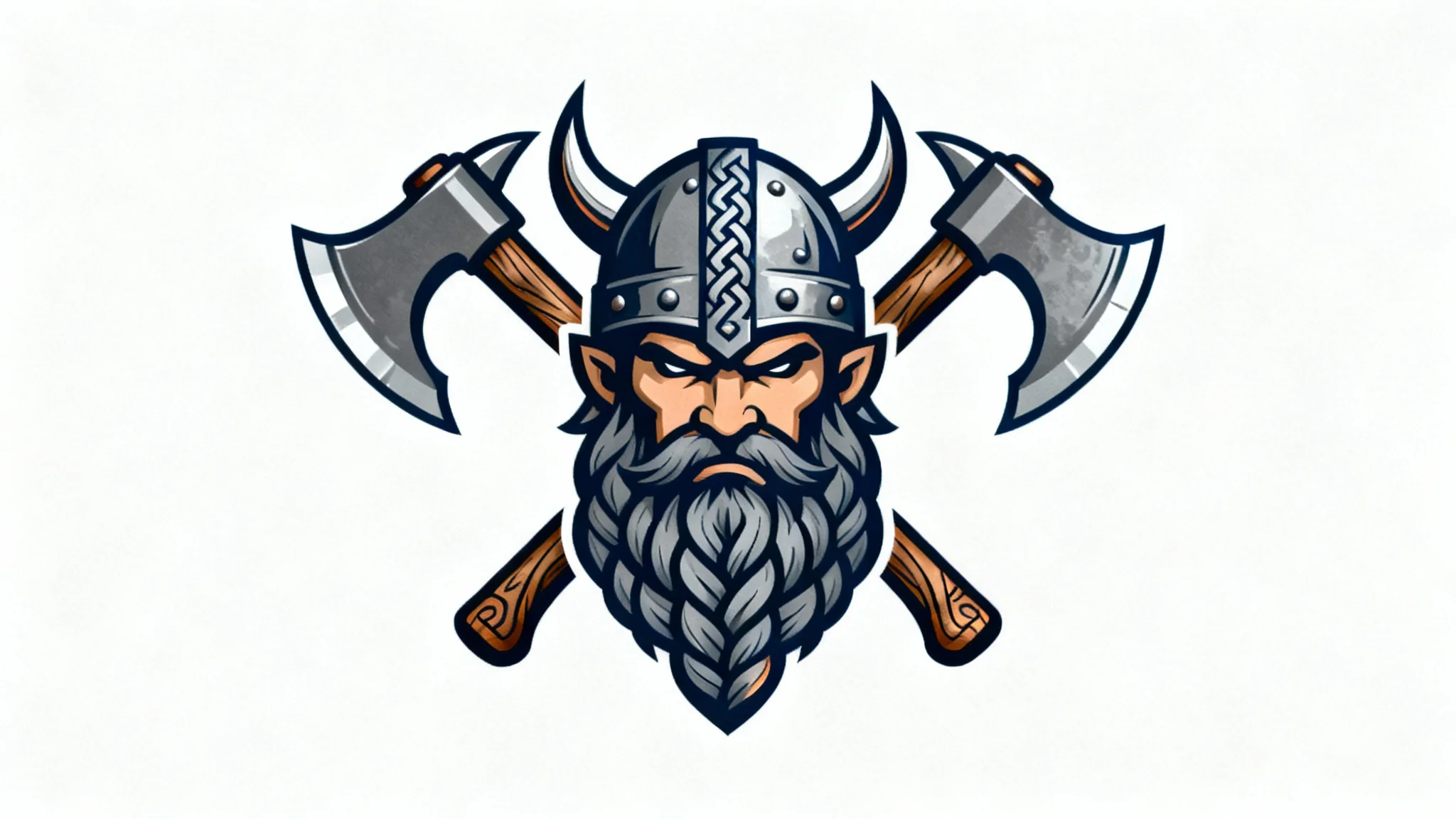 A modern vector logo of a fierce Viking warrior's head with a braided beard and helmet, set against a backdrop of two crossed axes, all on a white background.