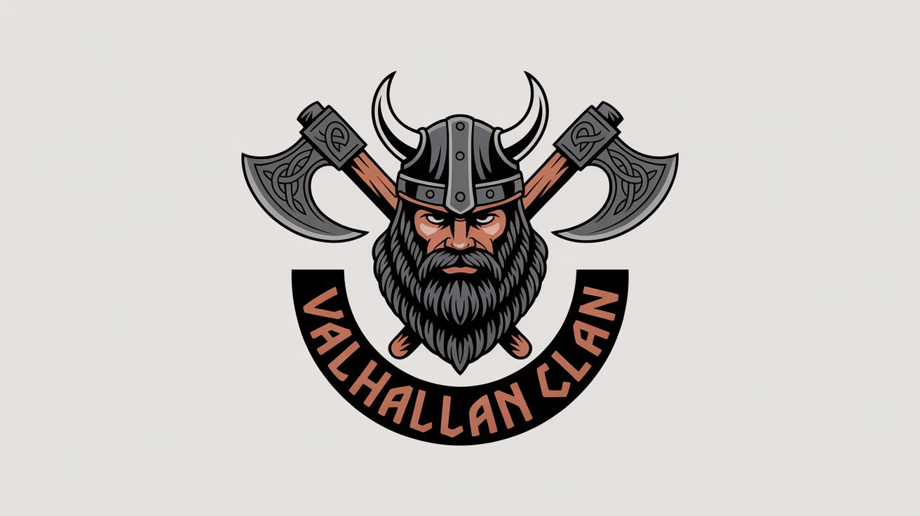 A modern, fierce Viking logo featuring a warrior's head with a braided beard and horned helmet, with two crossed axes behind it. The text 'VALHALLAN CLAN' is written below in a runic font. The logo is on a white background.
