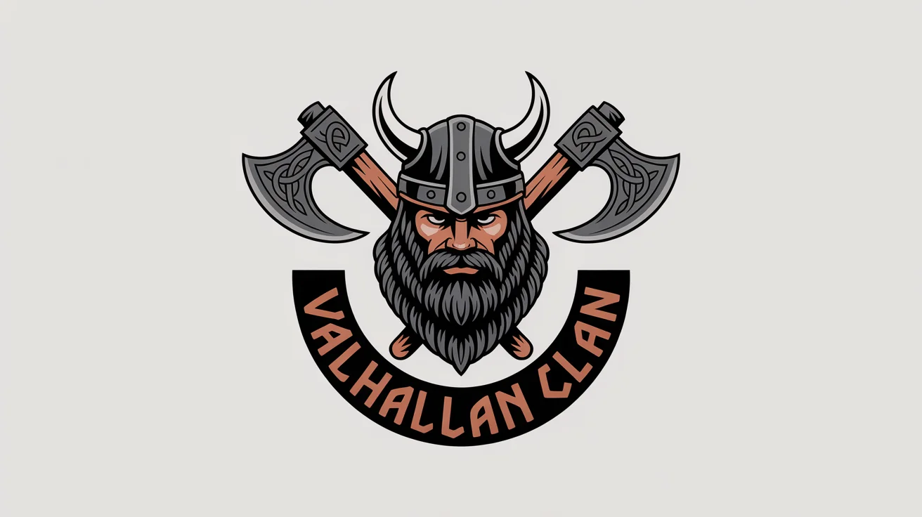 A modern, fierce Viking logo featuring a warrior's head with a braided beard and horned helmet, with two crossed axes behind it. The text 'VALHALLAN CLAN' is written below in a runic font. The logo is on a white background.