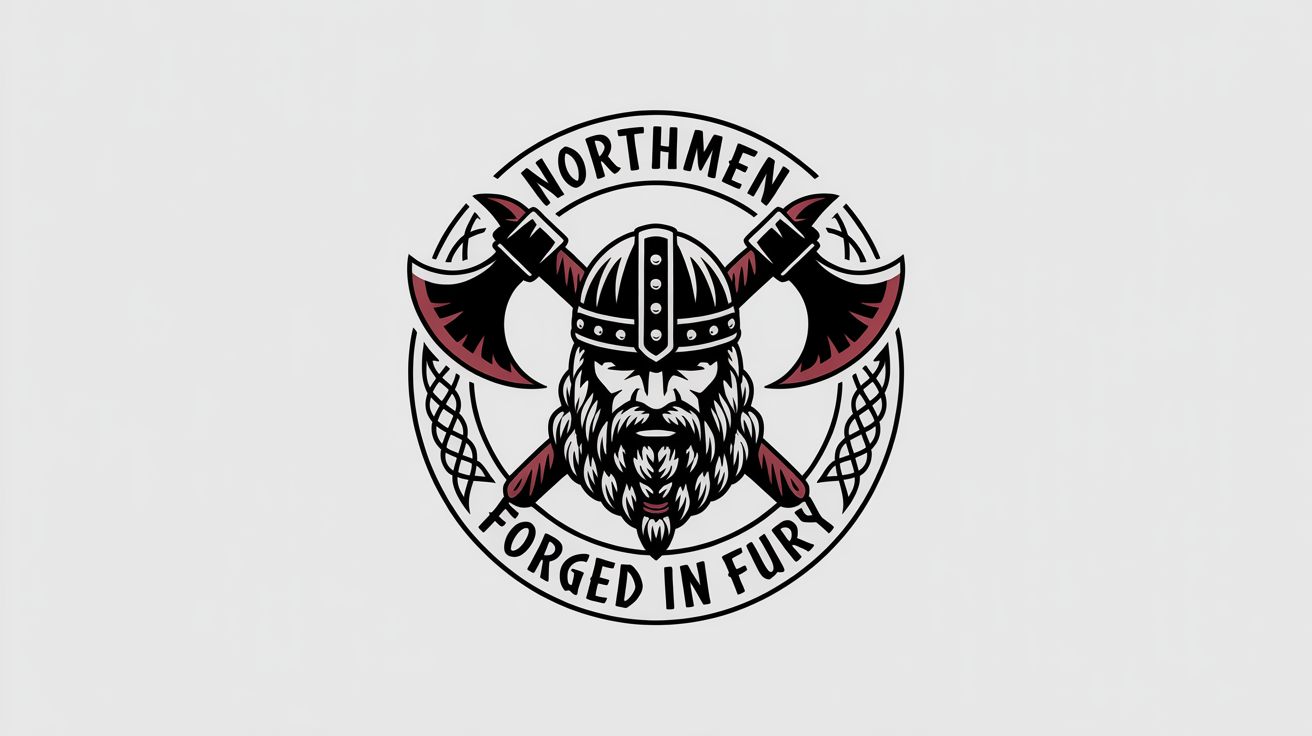 A modern Viking logo featuring a fierce warrior's head with a horned helmet and crossed axes behind it. The logo is circular with the text 'NORTHMEN' and 'FORGED IN FURY' on it, presented on a white background.