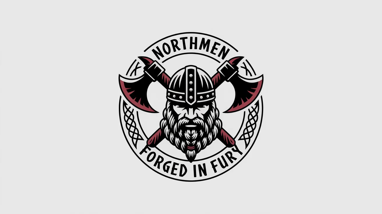 A modern Viking logo featuring a fierce warrior's head with a horned helmet and crossed axes behind it. The logo is circular with the text 'NORTHMEN' and 'FORGED IN FURY' on it, presented on a white background.