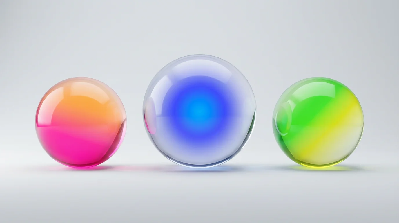 Three glass spheres on a light grey background, each demonstrating a different transparent gradient: a pink-to-orange linear gradient, a blue radial gradient, and a green-to-yellow diagonal gradient.