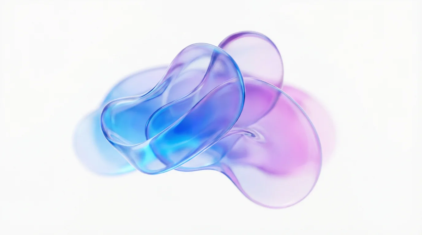 A minimalist digital art piece showing several overlapping fluid shapes with a transparent gradient from blue to magenta, fading into a clean white background.