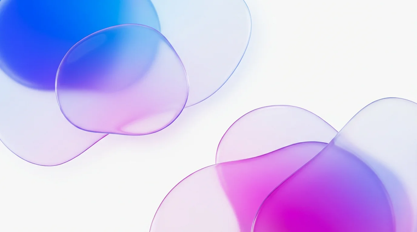 An abstract digital illustration of overlapping glassy shapes with a vibrant blue-to-magenta gradient that fades to transparent, set against a clean white background.