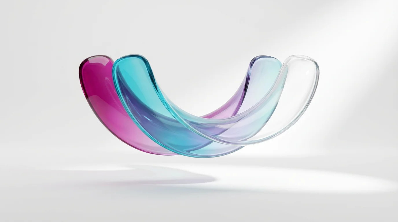 An abstract 3D render of several overlapping fluid shapes with a vibrant color gradient from magenta to cyan that fades into transparency, set against a clean white background.