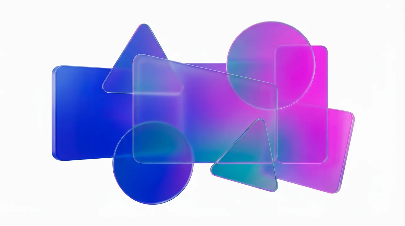 An abstract image of overlapping, semi-transparent glass shapes featuring a smooth, vibrant color gradient from blue to magenta, set against a clean white background.