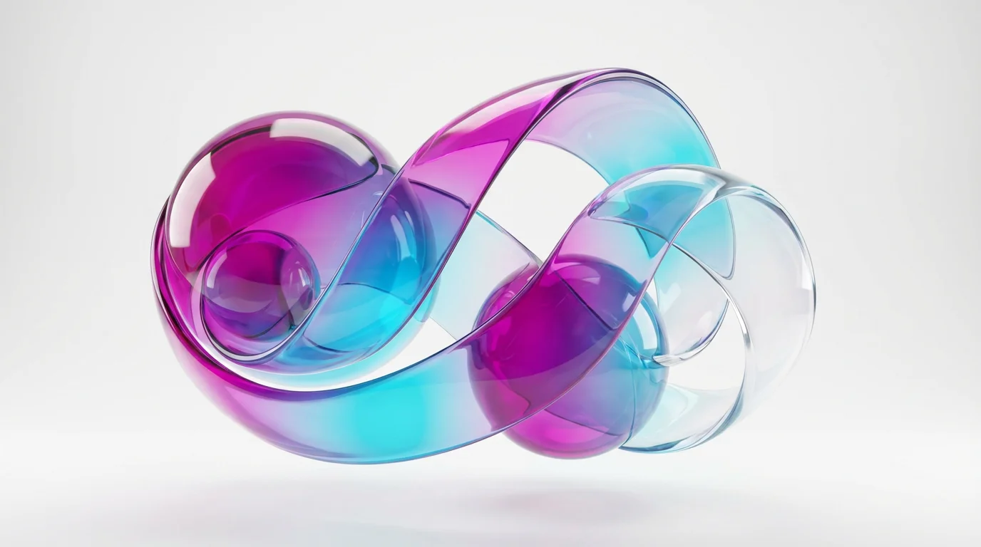 An abstract 3D render of overlapping glossy spheres and ribbons with a vibrant pink and blue transparent gradient, set against a clean white background.