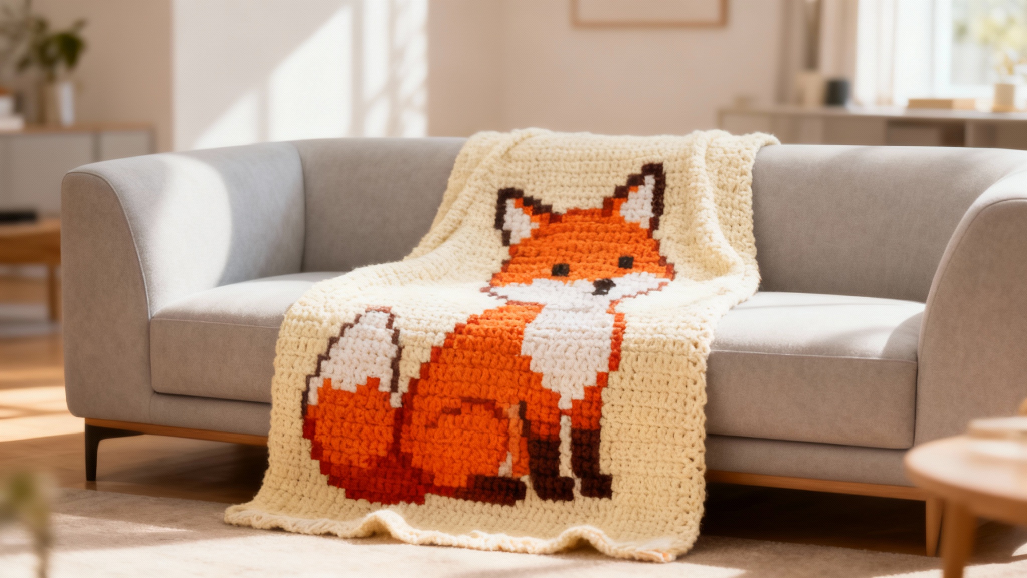 A beautifully finished crocheted blanket featuring a colorful pixel art design of a cute fox, draped elegantly over a modern sofa in a cozy living room.