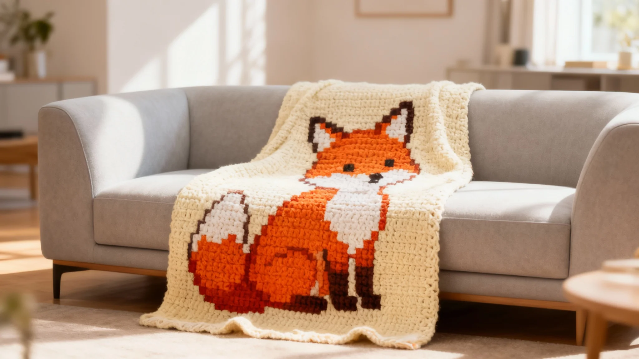 A beautifully finished crocheted blanket featuring a colorful pixel art design of a cute fox, draped elegantly over a modern sofa in a cozy living room.
