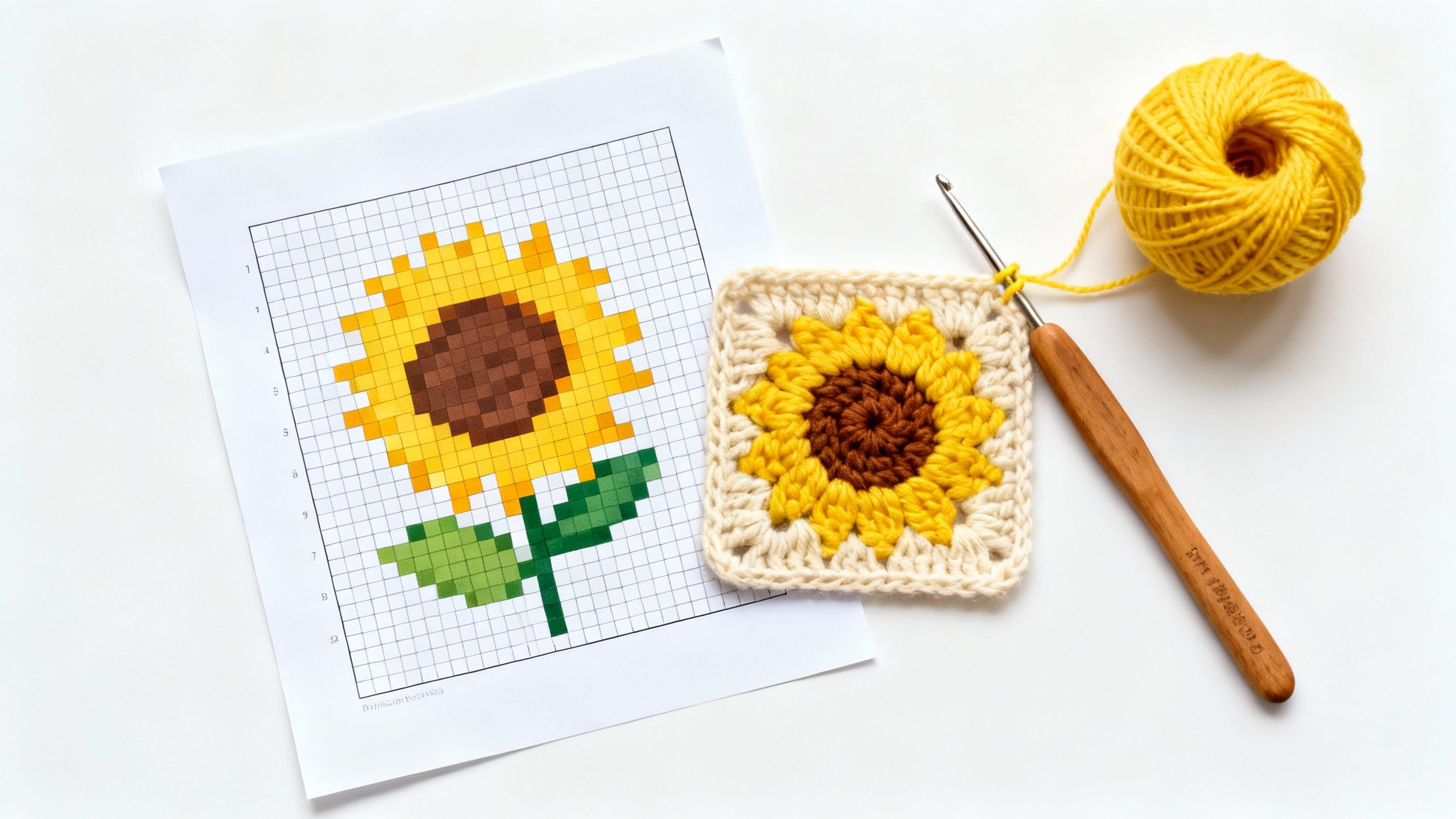 A flat lay image showing a printed crochet graph pattern of a sunflower next to the finished crocheted sunflower square, with a hook and yarn on a white background.