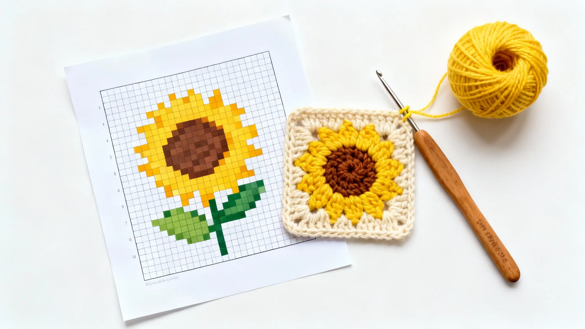 A flat lay image showing a printed crochet graph pattern of a sunflower next to the finished crocheted sunflower square, with a hook and yarn on a white background.