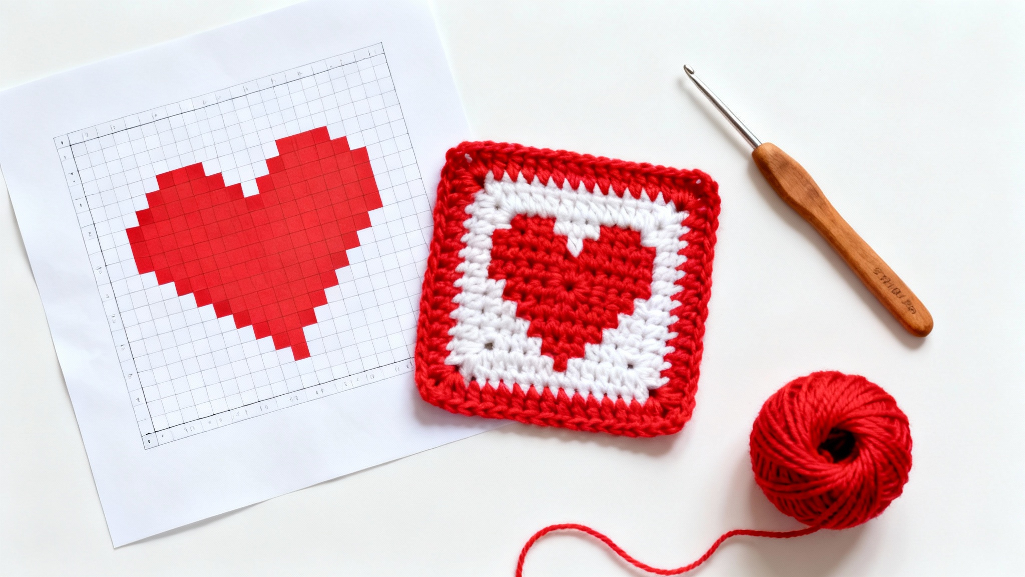 A top-down view of a crochet graph showing a heart pattern, placed next to the finished crocheted square with the same red heart design. A crochet hook and ball of yarn are also visible on the white background.