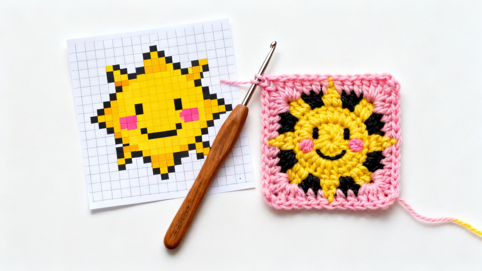 A flat lay image showing a crochet graph pattern of a smiling sun next to the actual finished crocheted square of the sun, with a crochet hook in between, all on a white background.