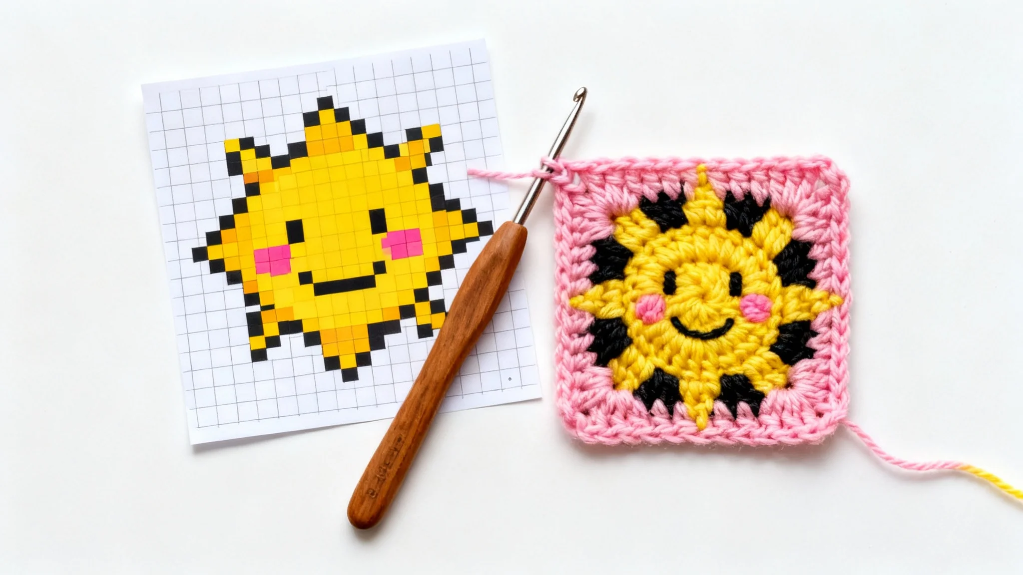 A flat lay image showing a crochet graph pattern of a smiling sun next to the actual finished crocheted square of the sun, with a crochet hook in between, all on a white background.