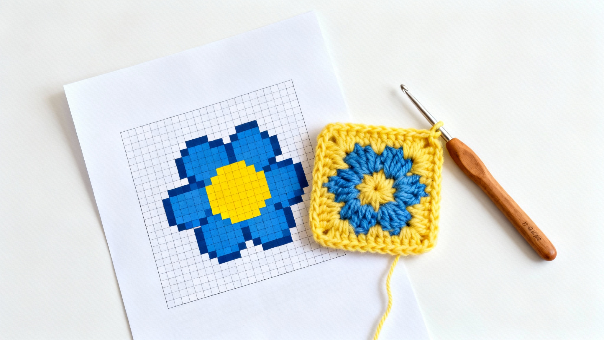 A flat lay of a crochet graph showing a flower pattern, placed next to the actual finished crocheted flower square, with a wooden crochet hook on a clean white background.