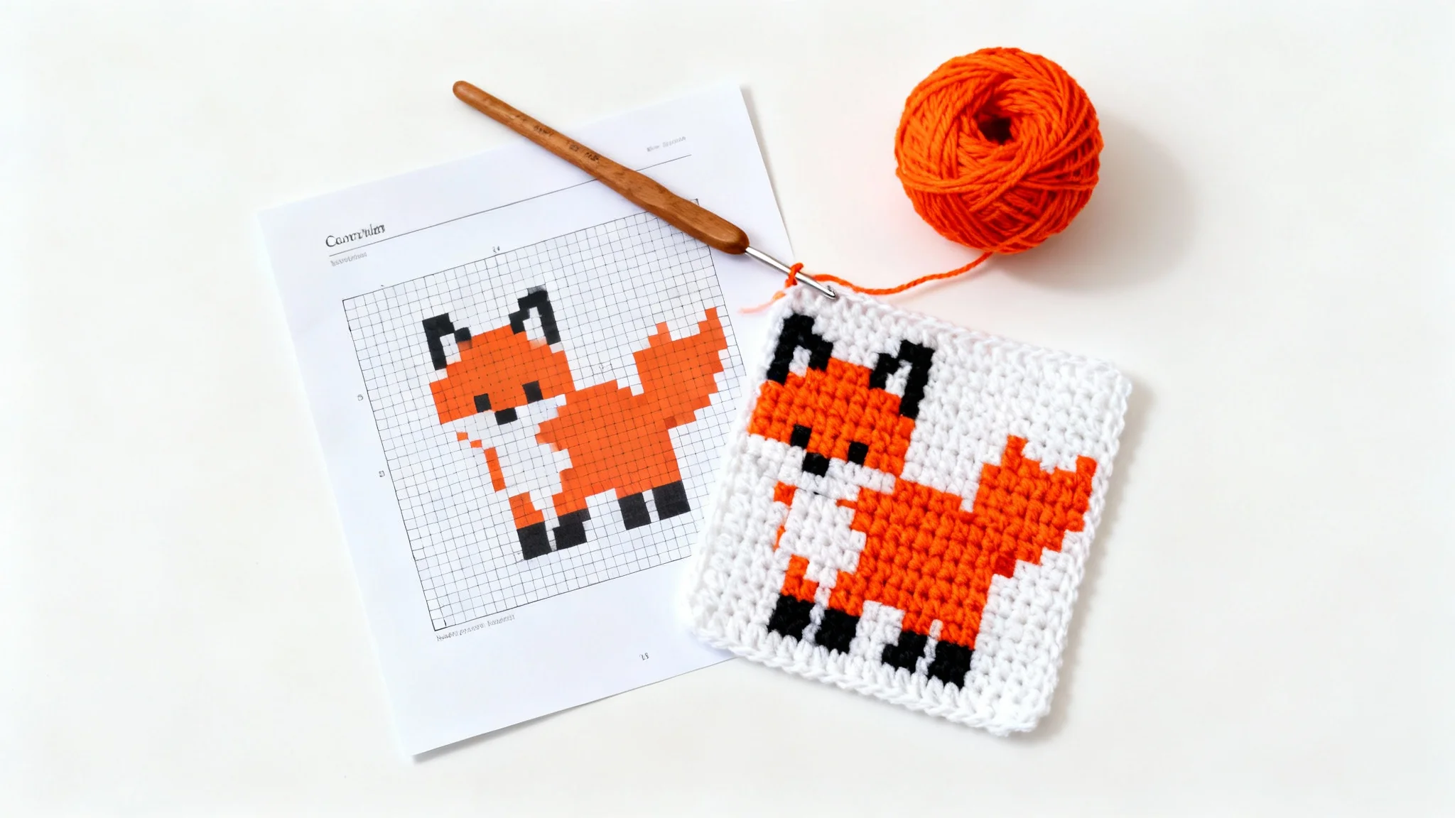 A flat lay of a printed crochet graph pattern for a pixelated fox, shown next to the corresponding partially finished crochet project, a wooden hook, and a ball of orange yarn, all on a clean white surface.