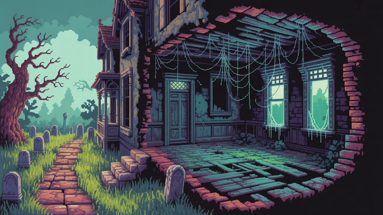 A pixel art game level showing a haunted house and graveyard, created from a tileset. The spooky scene is a cross-section of a mansion with crumbling walls next to a graveyard with twisted trees.