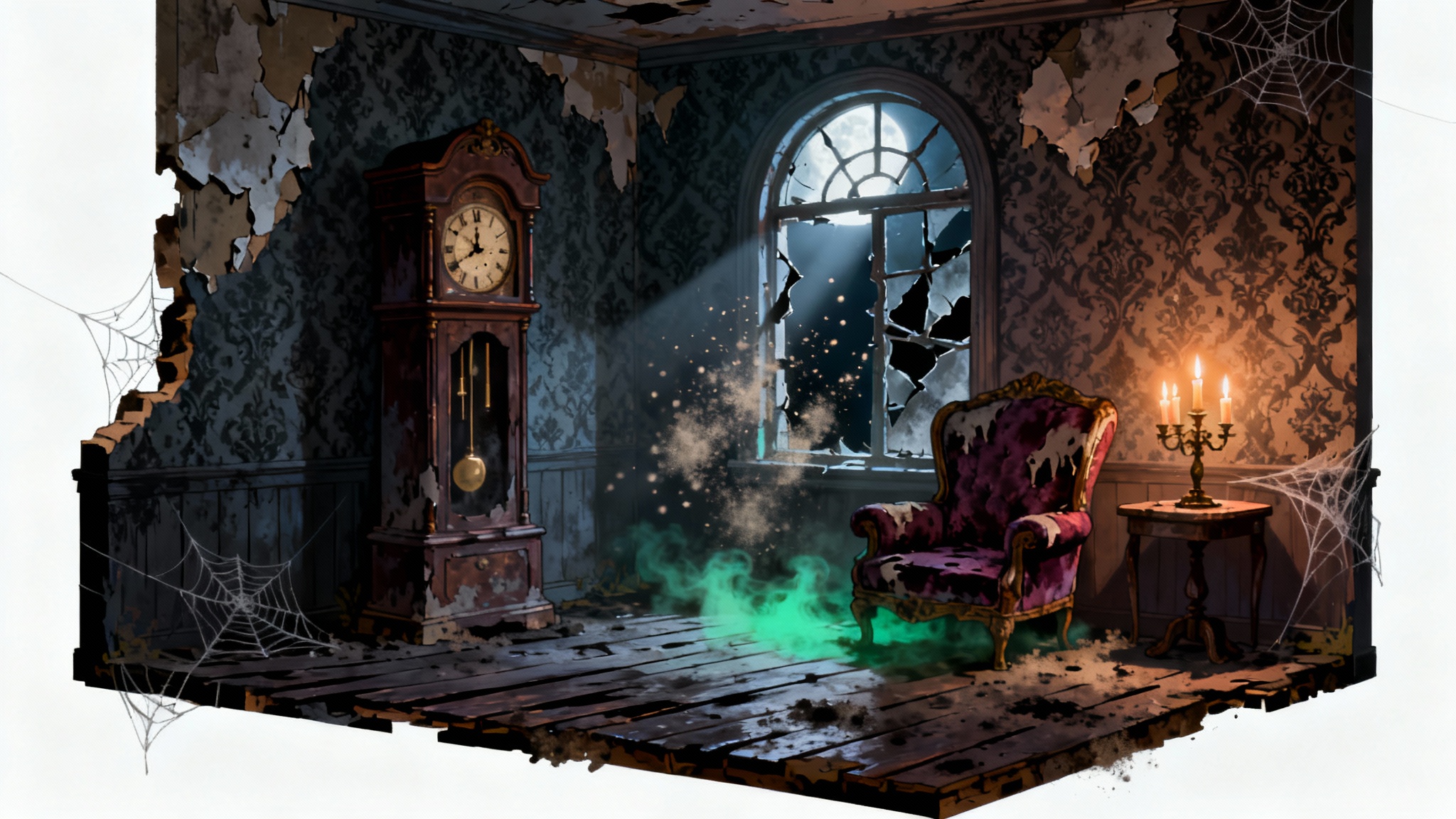 A 2D game level mockup of a haunted house room, built from a tileset, featuring dusty wooden floors, peeling wallpaper, a grandfather clock, and an armchair, all under eerie moonlight.