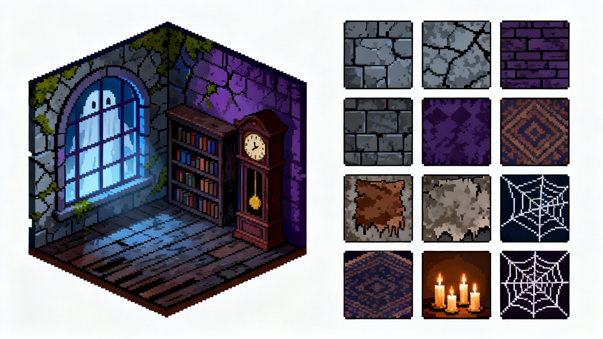 A 16-bit pixel art tileset for creating a haunted house game, showcasing an assembled spooky room and individual asset tiles on a clean white background.