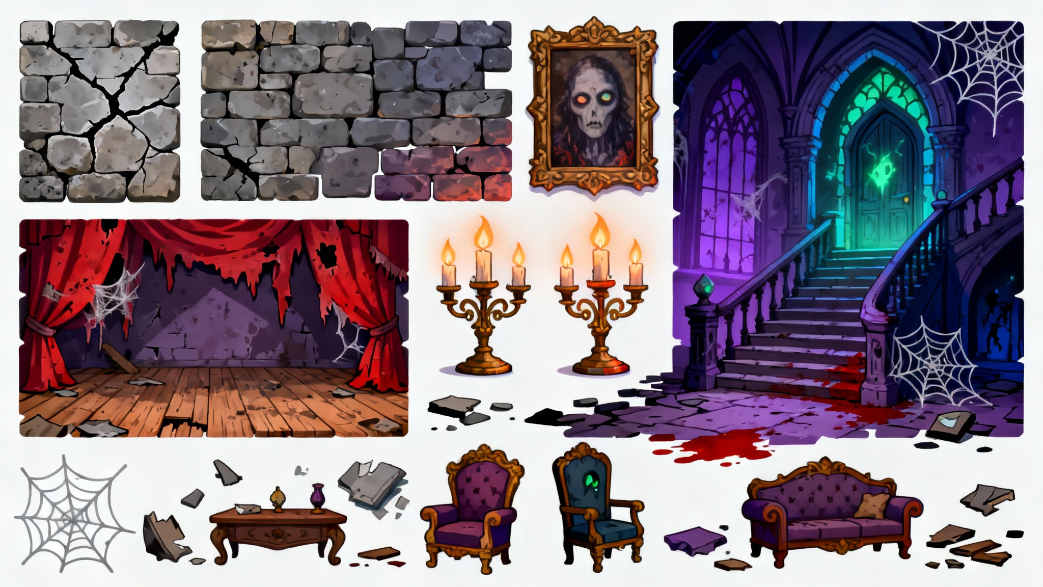 A 2D game tileset for creating a haunted house level, showcasing various spooky assets like walls, floors, furniture, and decorations in a grid layout on a white background.
