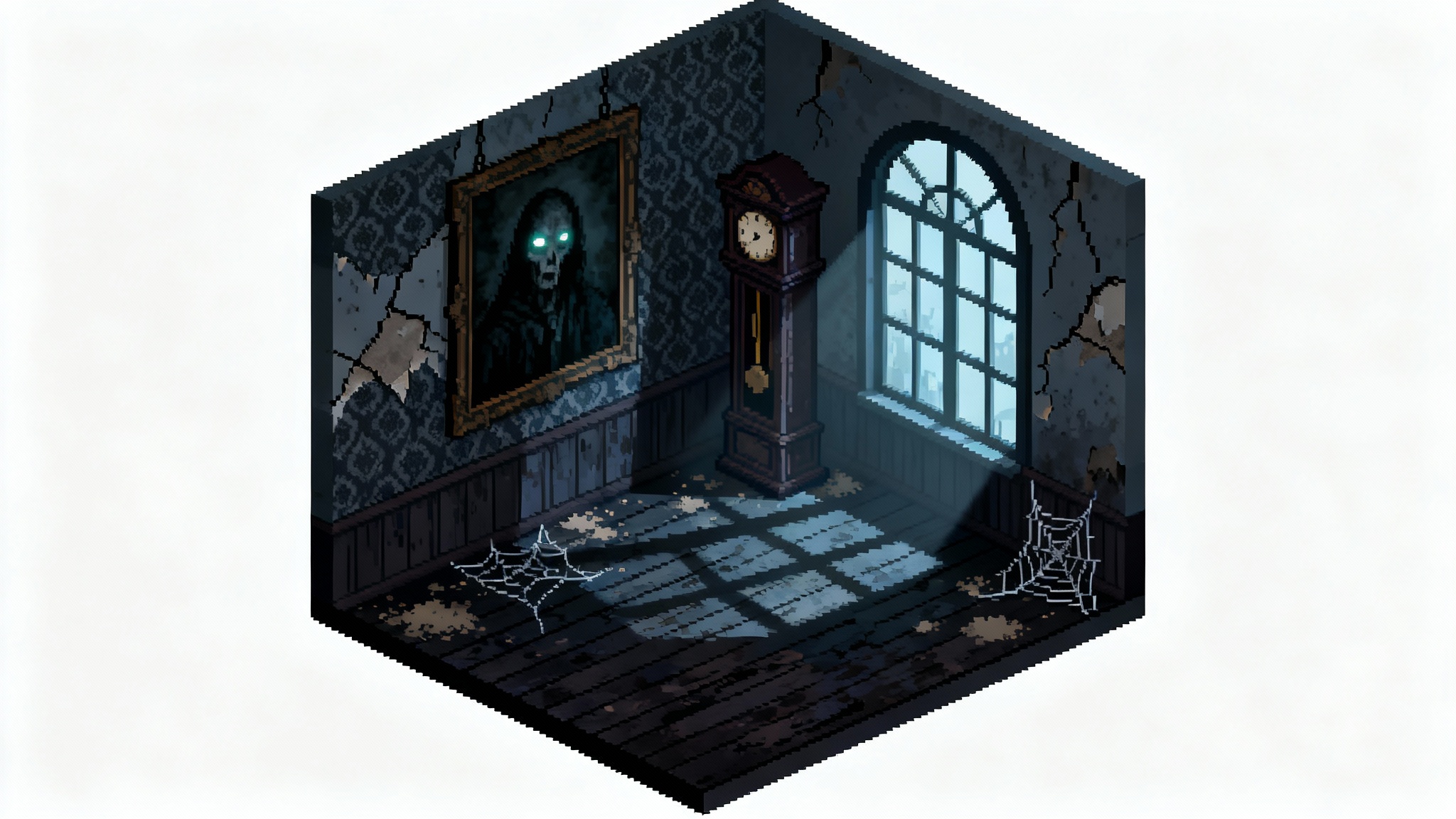 An isometric pixel art scene of a spooky haunted house hallway, created with a game tileset, isolated on a white background.