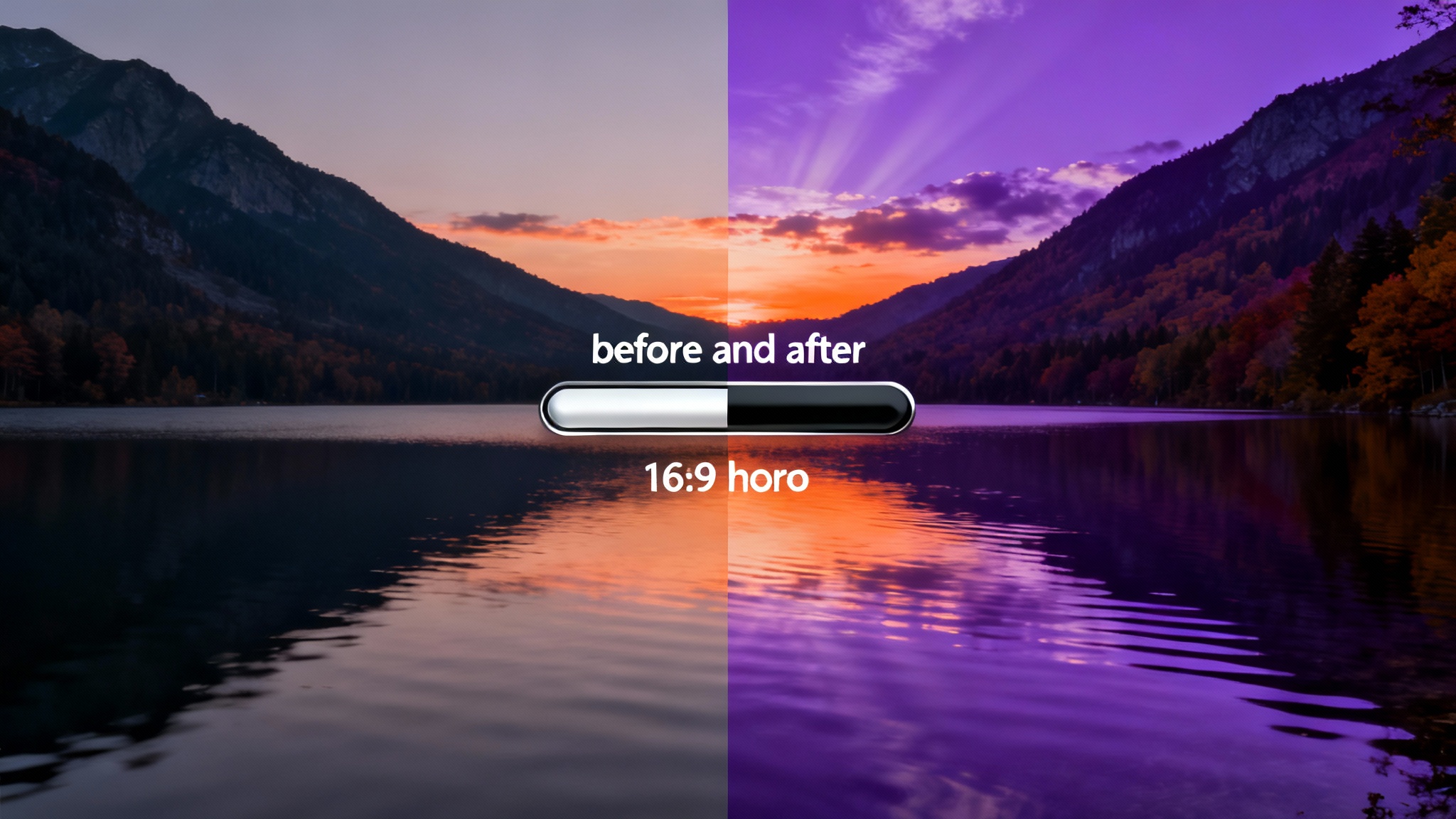 A split-screen hero image showing a before-and-after animation effect. The left side is a dull landscape photo, while the right side is the same photo transformed with vibrant colors, animated light rays, and motion on the water, showing a dramatic enhancement.