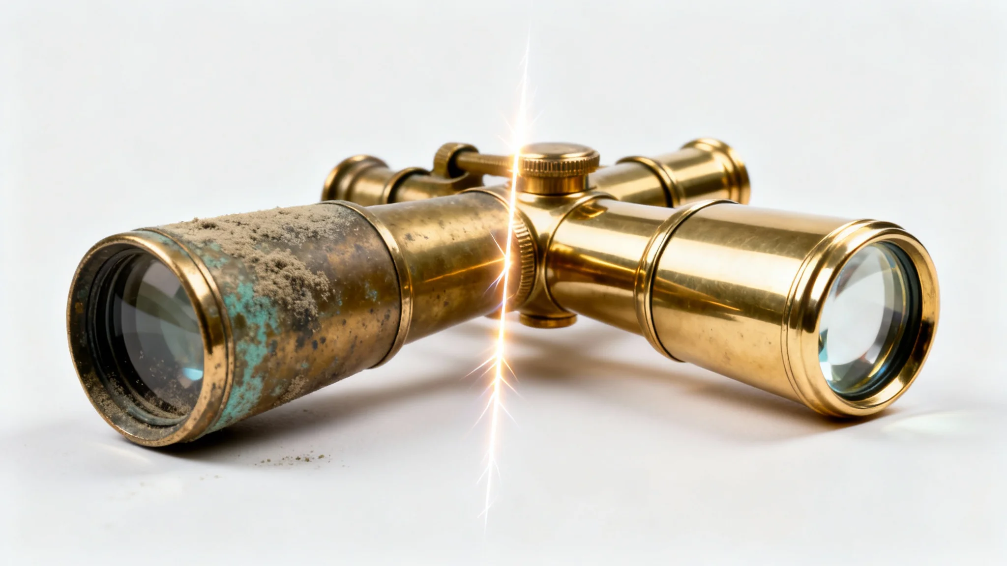 A split-screen image demonstrating a before-and-after effect. The left side shows a dirty, tarnished antique telescope, and the right side shows the same telescope perfectly clean and polished, suggesting a restoration animation.