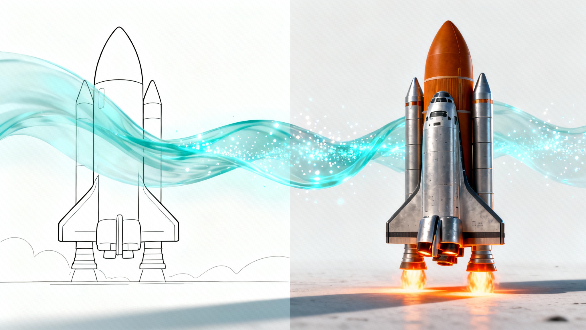 A before-and-after image showing a simple 2D sketch of a rocket ship on the left, and a fully rendered, vibrant 3D model of the same rocket on the right, separated by a wave of light.