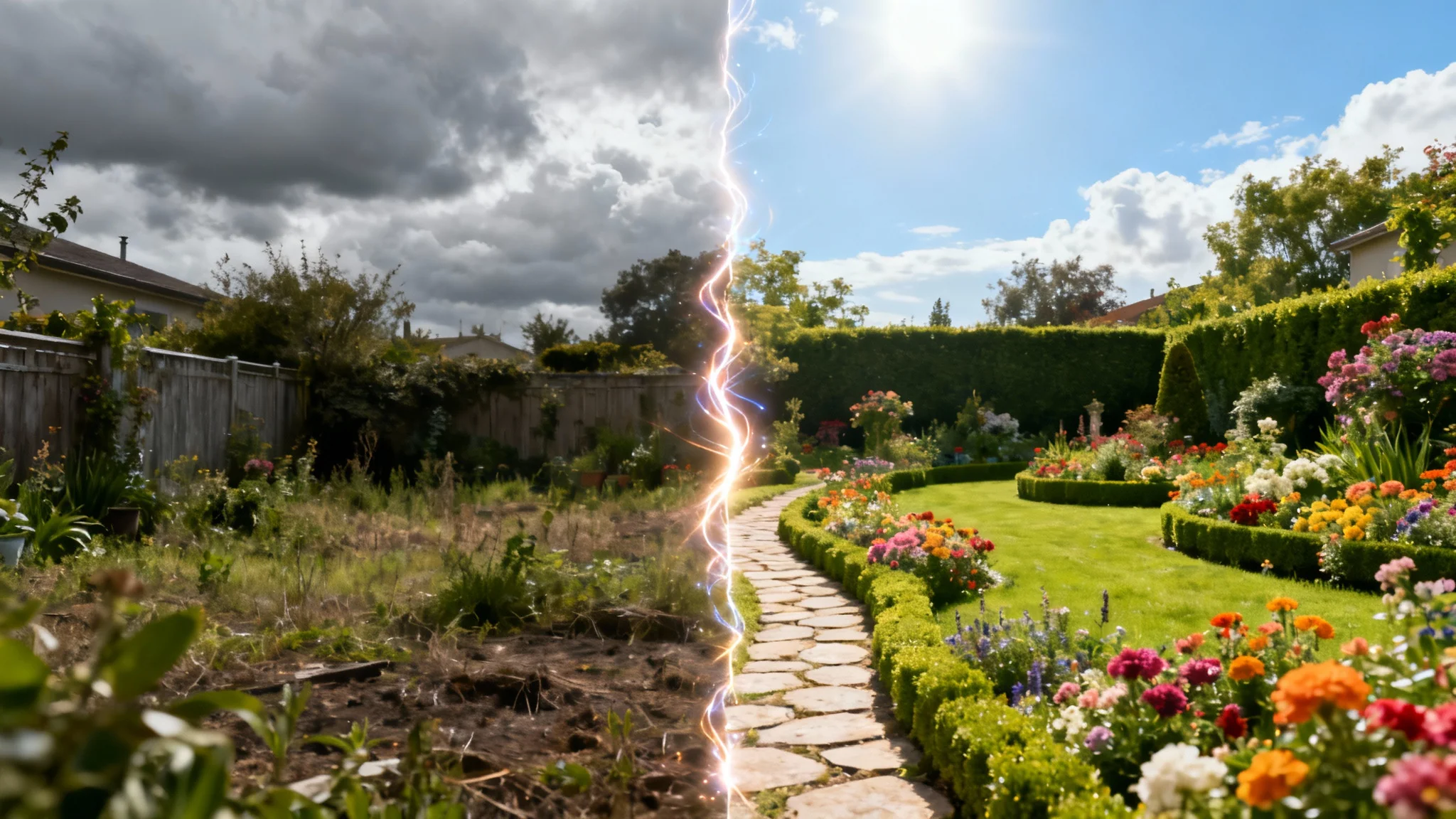 A before-and-after image of a garden. The left side shows a neglected, overgrown garden, and the right side shows the same garden beautifully landscaped and vibrant, with a glowing line separating the two states.