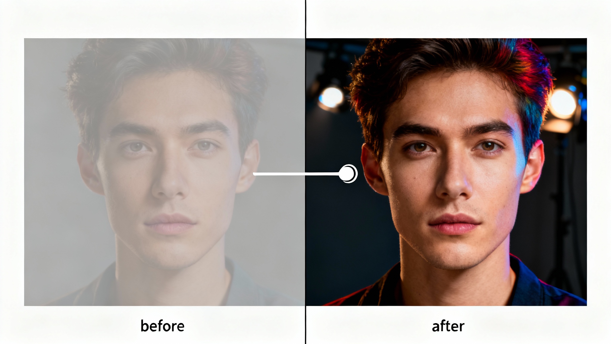 A mockup showing a before-and-after photo editing effect. A portrait is split in half; the 'before' side is dull and flat, while the 'after' side is vibrant and professionally lit, demonstrating a transformation.