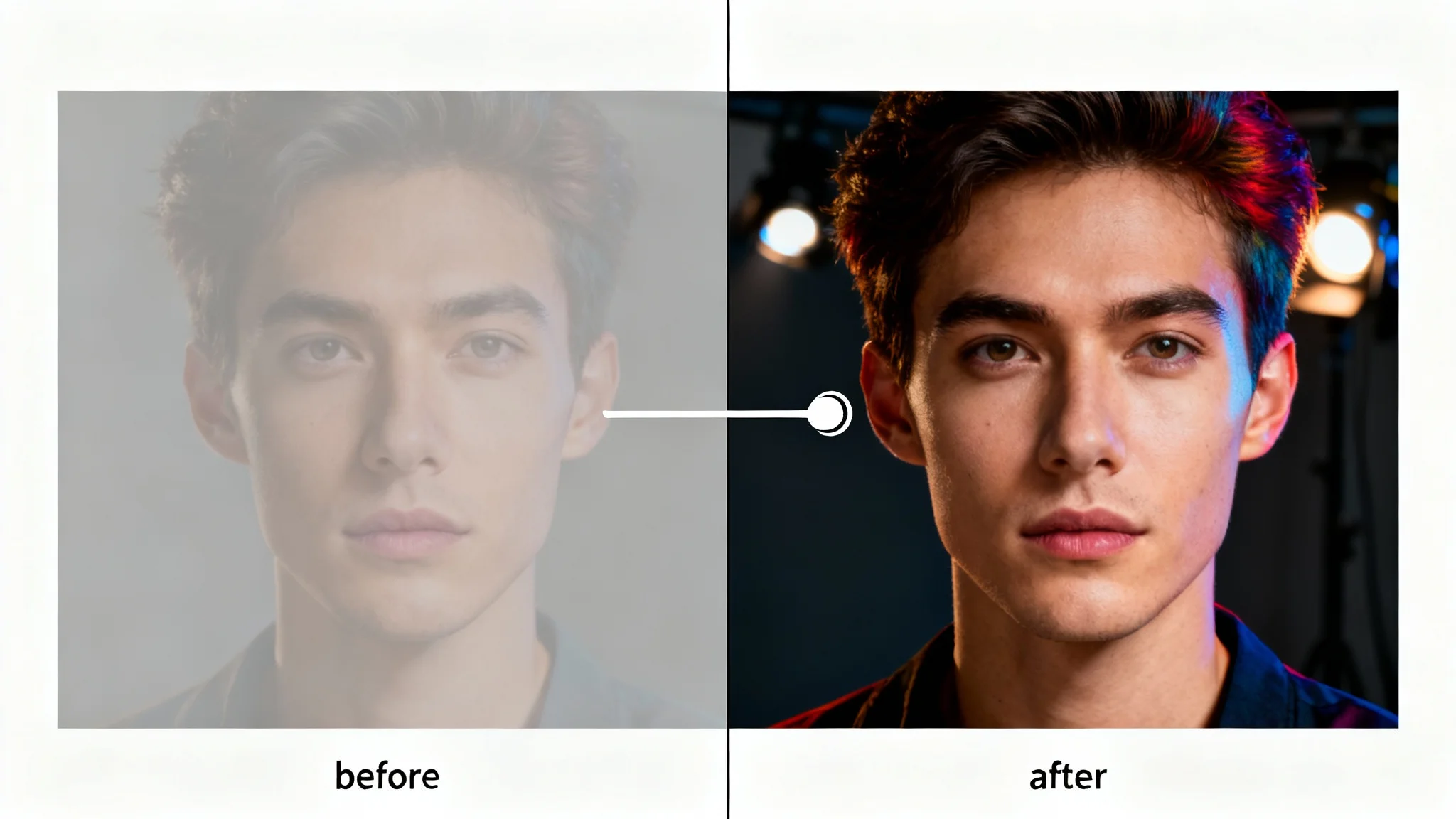 A mockup showing a before-and-after photo editing effect. A portrait is split in half; the 'before' side is dull and flat, while the 'after' side is vibrant and professionally lit, demonstrating a transformation.