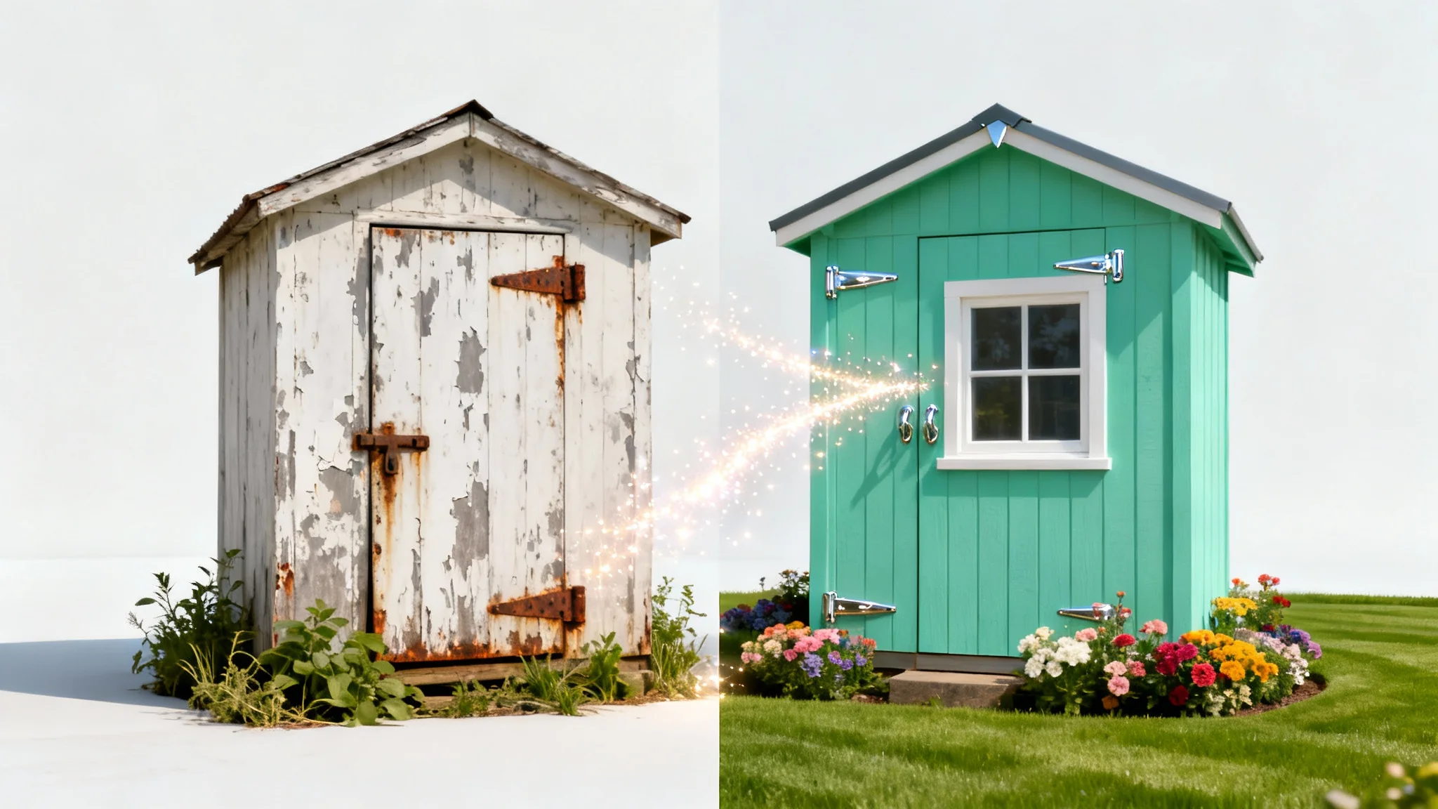 A split-screen image showing a before-and-after transformation of a garden shed. The left side shows a rundown, old shed, while the right side shows the same shed beautifully restored and surrounded by flowers, representing an animation effect.