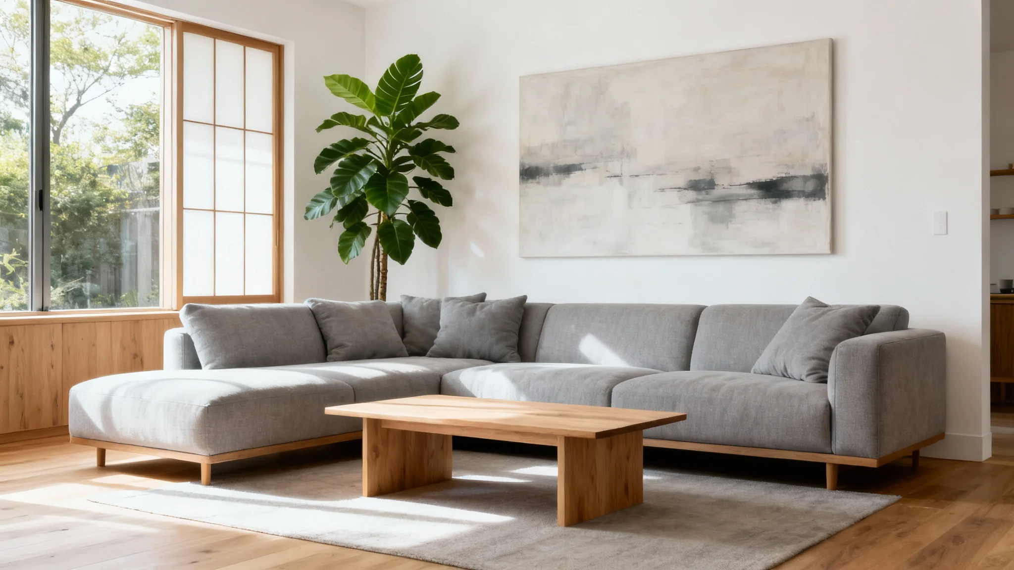 A photorealistic image of a beautifully designed modern living room, showcasing the final result of an interior design tool. The room is bright and airy with a large sofa, minimalist furniture, and plants.