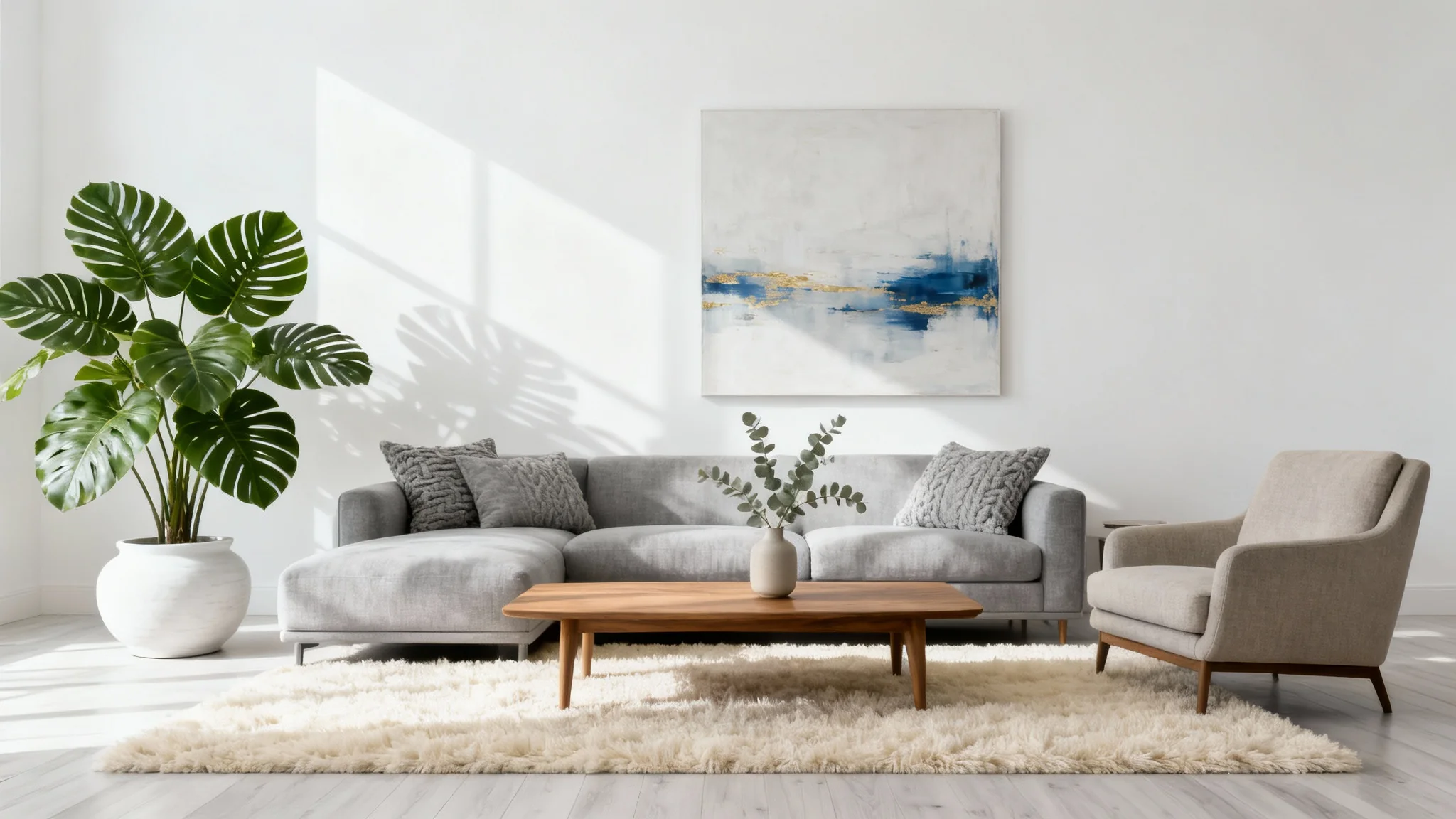A photorealistic mockup of a modern and serene living room design, featuring a gray sofa, oak coffee table, and abstract art against a clean white background.