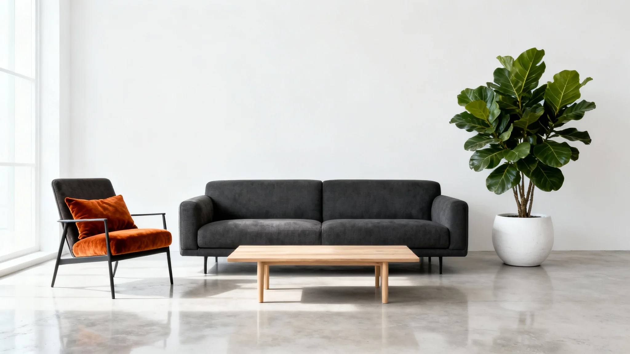 A photorealistic mockup of a modern, minimalist living room with a grey sofa, burnt orange armchair, and a large plant, all set against a clean white background.