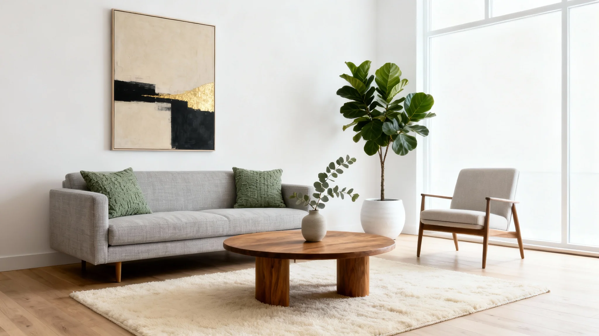 A photorealistic mockup of a modern living room design, featuring a grey sofa, oak coffee table, and abstract art on a clean white background.